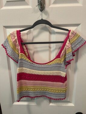 Sincerely Jules Multicolor Crochet Stripe Top - Pink, Gray, Cream, Yellow